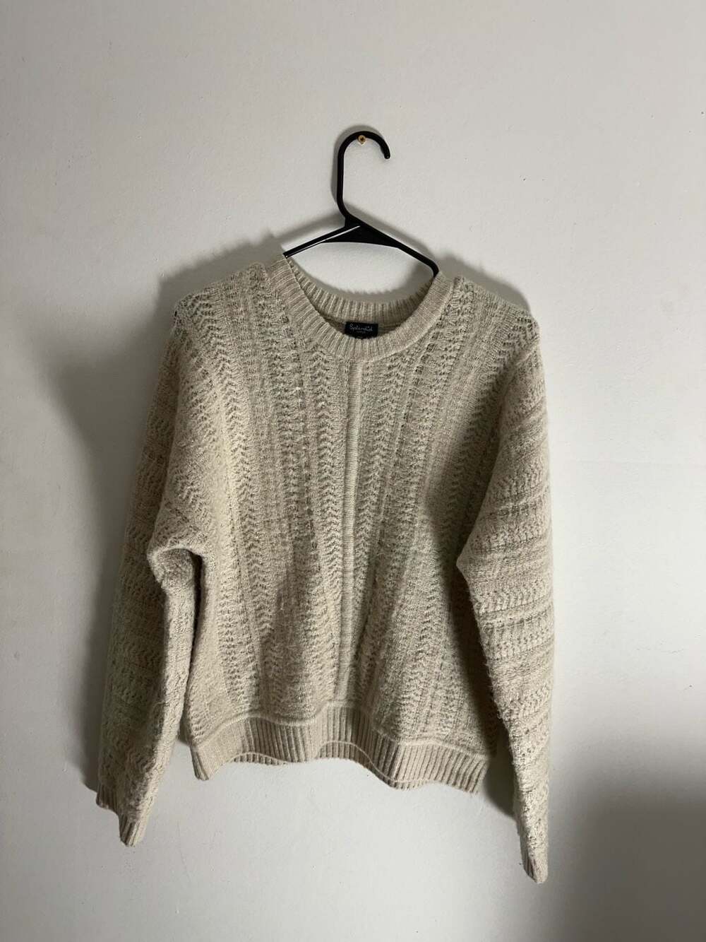 Splendid Oatmeal Textured Pointelle Knit Crewneck Sweater, Size Large